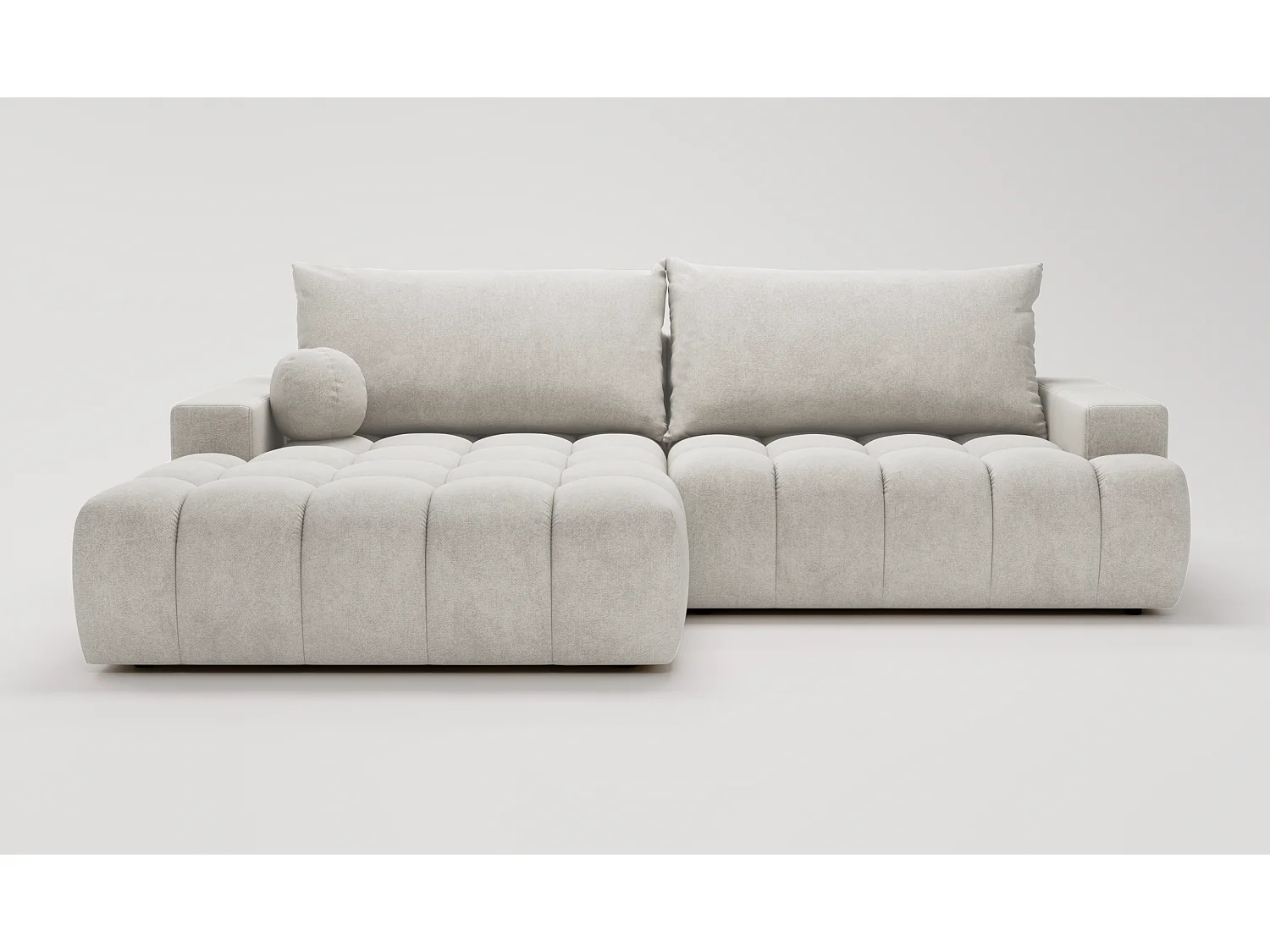 Canapé d'angle convertible Novira 270 cm pour salon, style moderne, coffre de rangement, coussins, gauche, gris clair