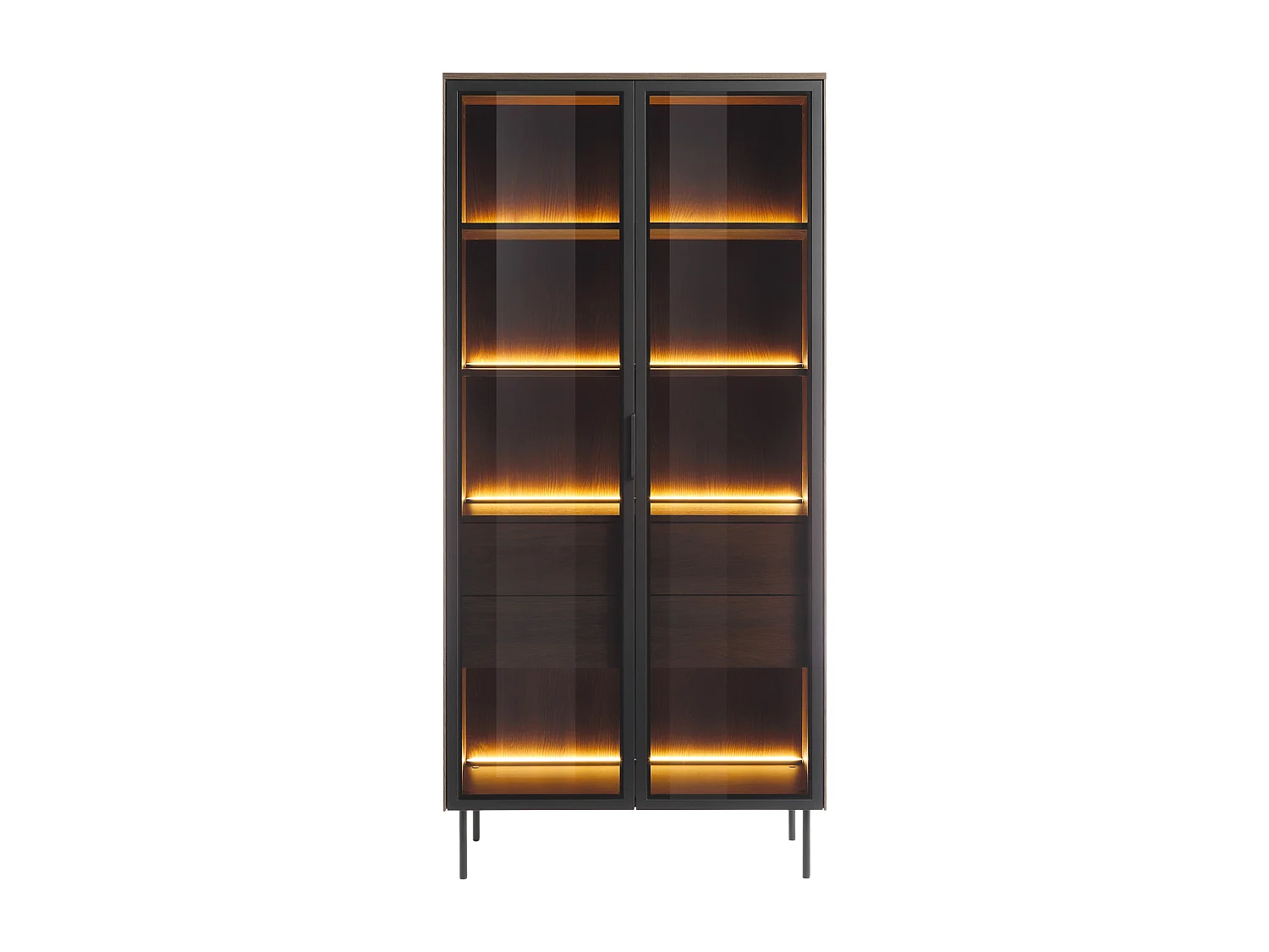 Vitrine 2 portes et 2 tiroirs avec LEDs en MDF et verre trempé - Naturel foncé et noir - FOGLERI