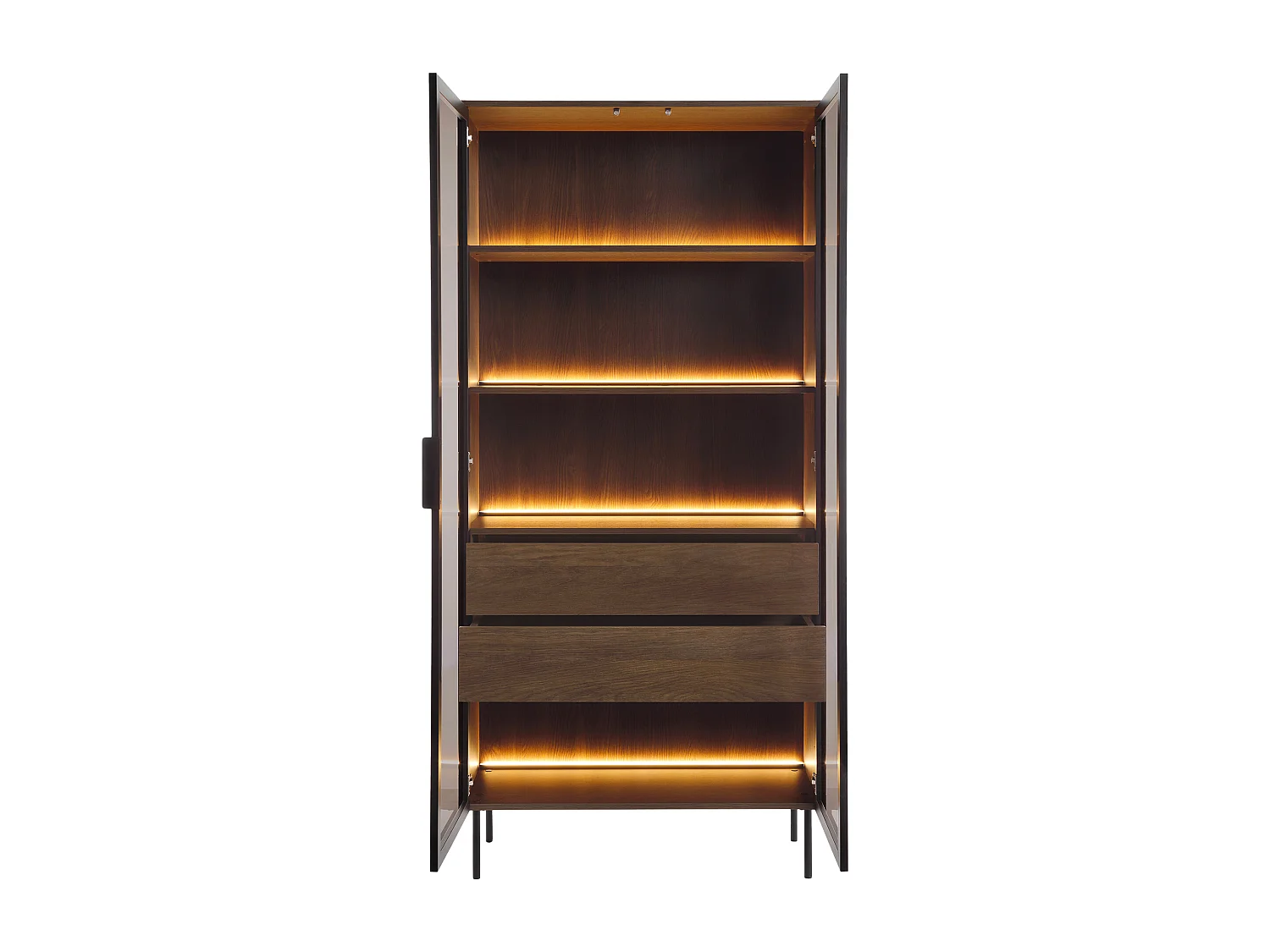 Vitrine 2 portes et 2 tiroirs avec LEDs en MDF et verre trempé - Naturel foncé et noir - FOGLERI