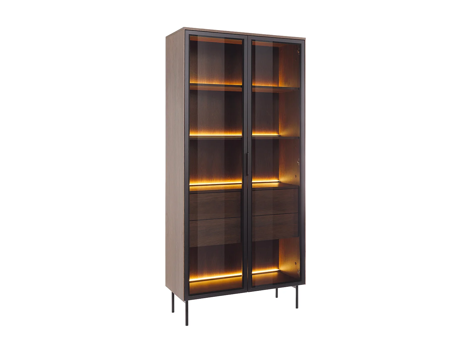 Vitrine 2 portes et 2 tiroirs avec LEDs en MDF et verre trempé - Naturel foncé et noir - FOGLERI