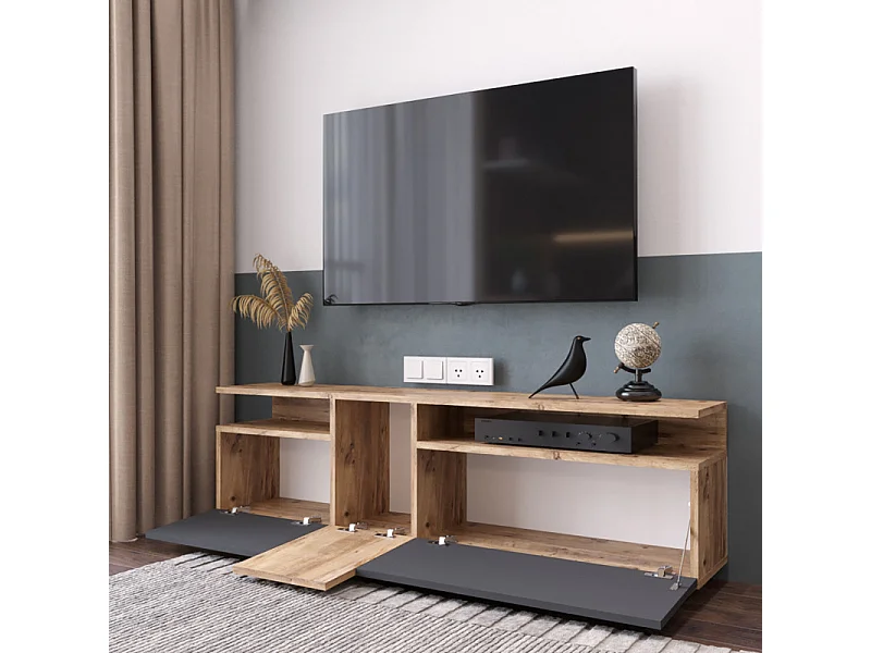 Meuble TV 55 Pouces 3 Portes 5 Niches Chêne et Gris L 150 H 46.3 P 29.5 cm