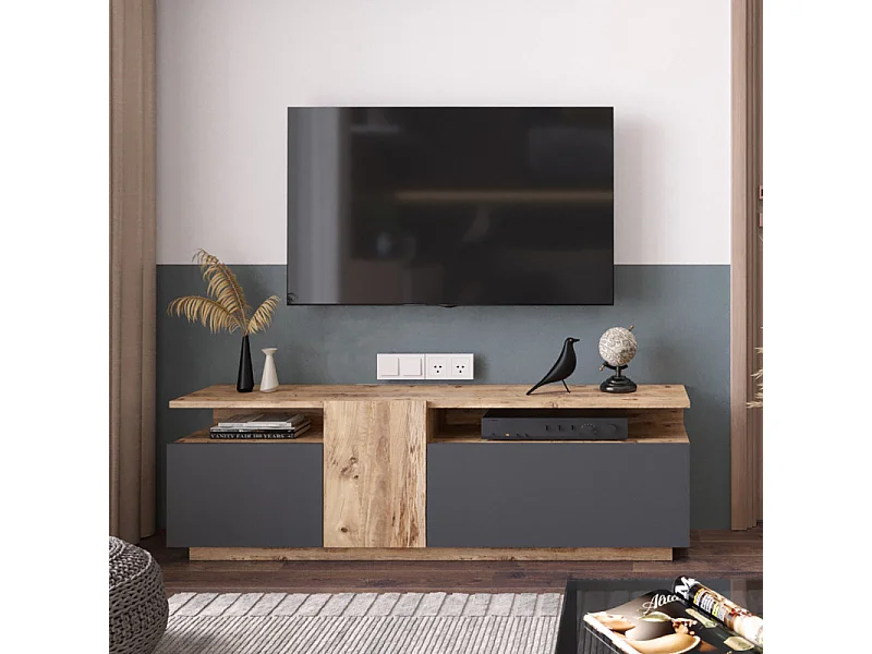 Meuble TV 55 Pouces 3 Portes 5 Niches Chêne et Gris L 150 H 46.3 P 29.5 cm
