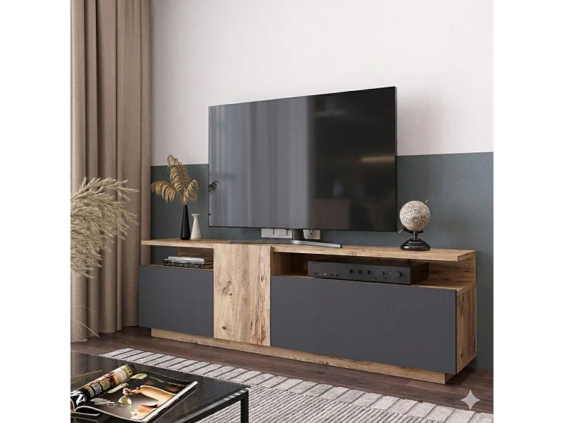 Meuble TV 55 Pouces 3 Portes 5 Niches Chêne et Gris L 150 H 46.3 P 29.5 cm