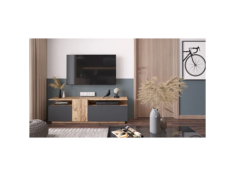 Meuble TV 55 Pouces 3 Portes 5 Niches Chêne et Gris L 150 H 46.3 P 29.5 cm