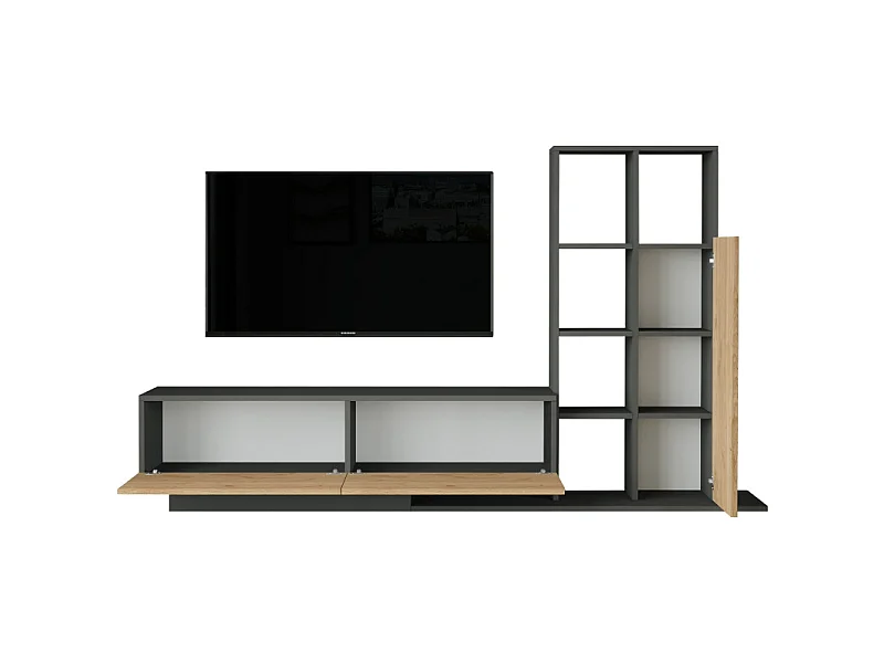 Meuble TV et Etagère 3 Portes 11 Niches Chêne et Gris L 201,2 H 123,6 P 29,5 cm