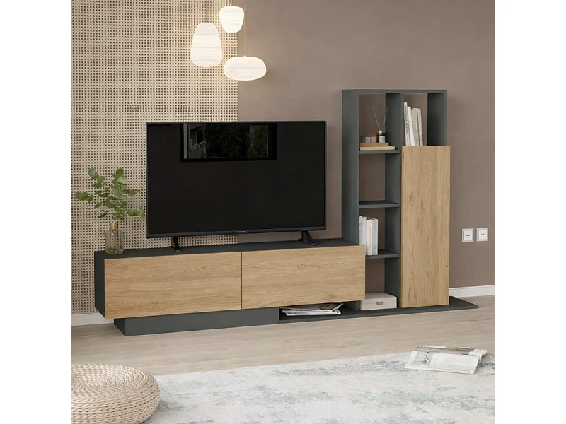 Meuble TV et Etagère 3 Portes 11 Niches Chêne et Gris L 201,2 H 123,6 P 29,5 cm