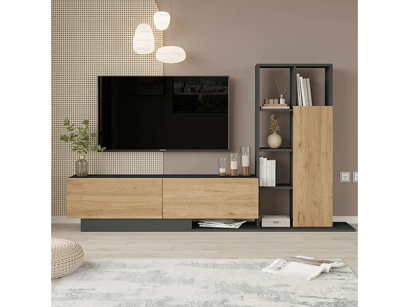 Meuble TV et Etagère 3 Portes 11 Niches Chêne et Gris L 201,2 H 123,6 P 29,5 cm