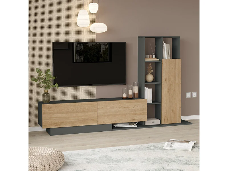 Meuble TV et Etagère 3 Portes 11 Niches Chêne et Gris L 201,2 H 123,6 P 29,5 cm