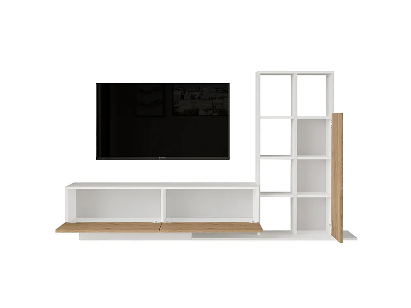 Meuble TV et Etagère 3 Portes 11 Niches Chêne et Blanc L 201,2 H 123,6 P 29,5 cm