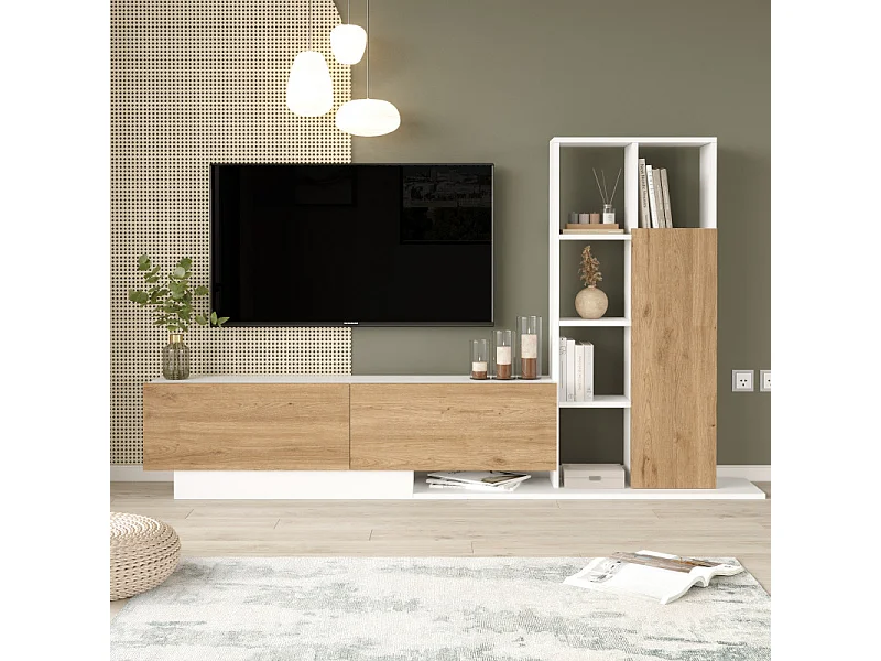 Meuble TV et Etagère 3 Portes 11 Niches Chêne et Blanc L 201,2 H 123,6 P 29,5 cm