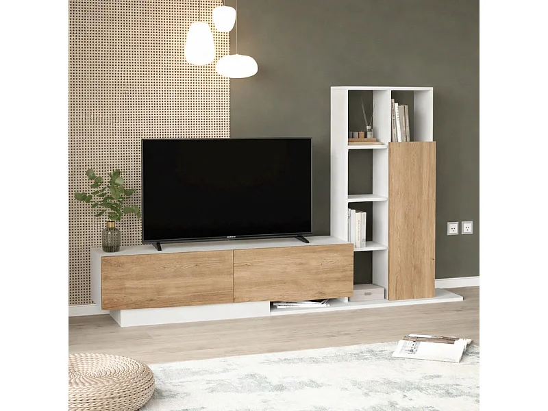 Meuble TV et Etagère 3 Portes 11 Niches Chêne et Blanc L 201,2 H 123,6 P 29,5 cm