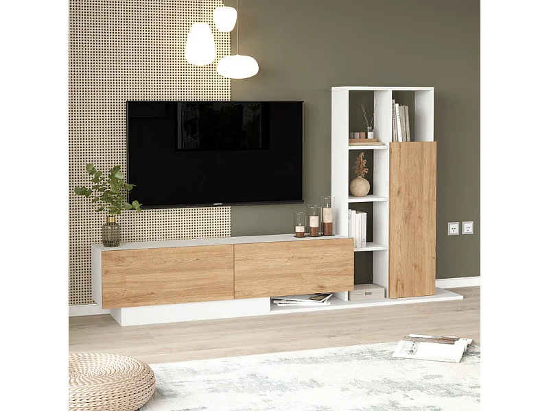 Meuble TV et Etagère 3 Portes 11 Niches Chêne et Blanc L 201,2 H 123,6 P 29,5 cm