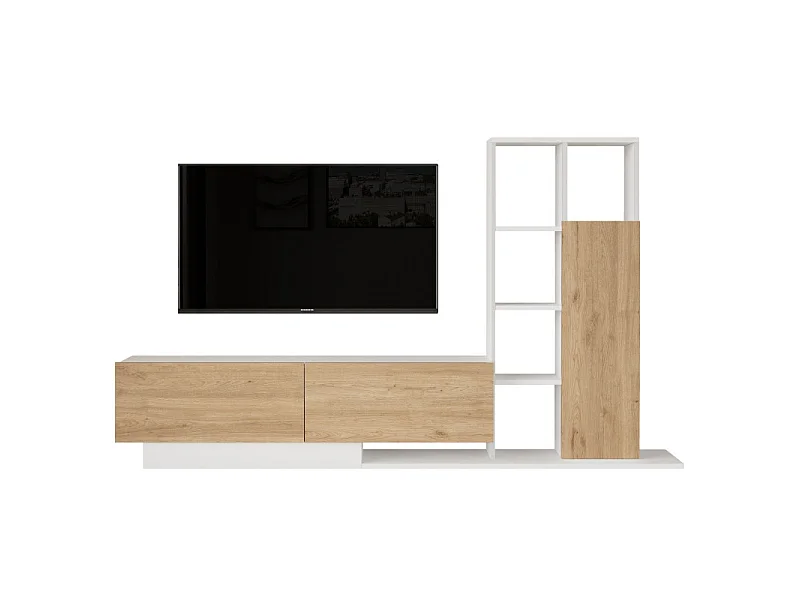 Meuble TV et Etagère 3 Portes 11 Niches Chêne et Blanc L 201,2 H 123,6 P 29,5 cm