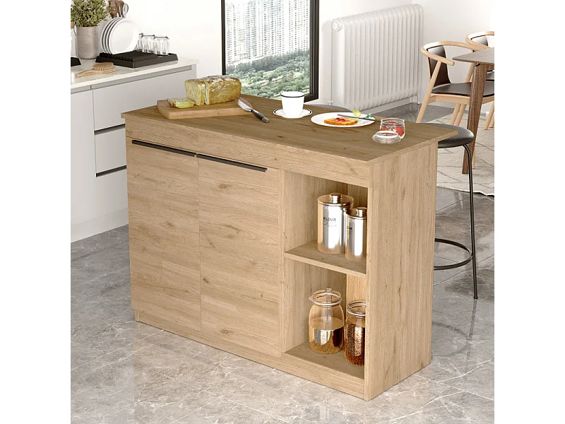 Ilot de Cuisine 2 Portes 4 Niches Chêne 2 Couverts L 120 H 88.2 P 60 cm