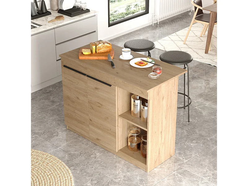 Ilot de Cuisine 2 Portes 4 Niches Chêne 2 Couverts L 120 H 88.2 P 60 cm