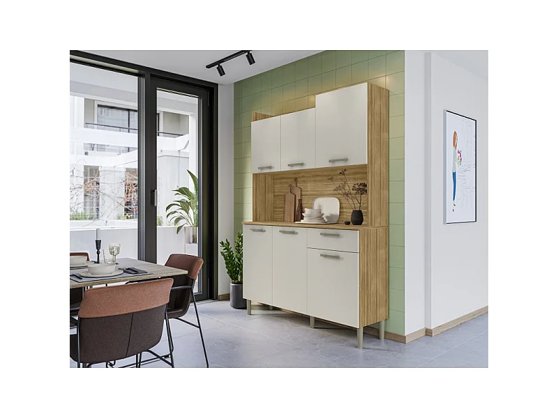 Buffet de Cuisine 6 Portes 1 Tiroir 8 Niches Chêne et Beige L 121.5 H 176 P 36.3 cm