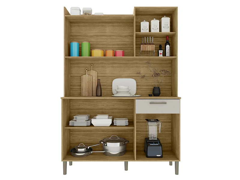 Buffet de Cuisine 6 Portes 1 Tiroir 8 Niches Chêne et Beige L 121.5 H 176 P 36.3 cm