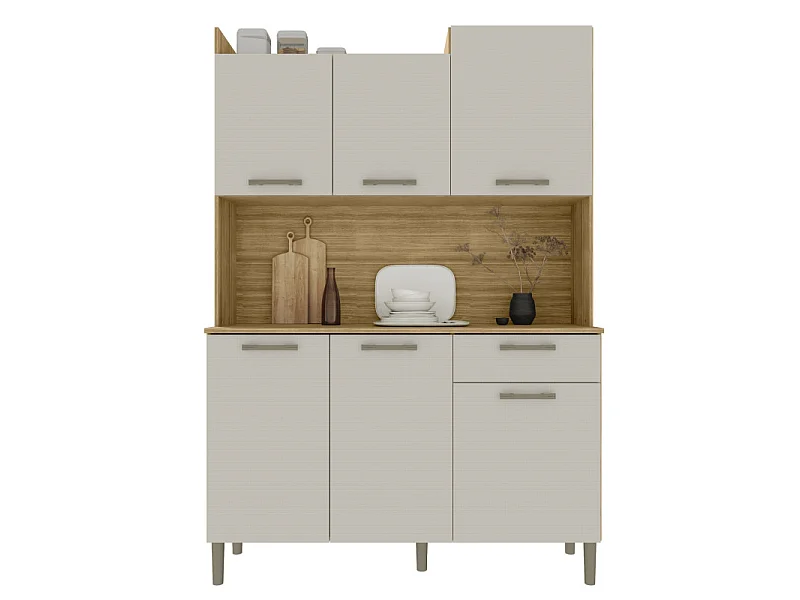 Buffet de Cuisine 6 Portes 1 Tiroir 8 Niches Chêne et Beige L 121.5 H 176 P 36.3 cm