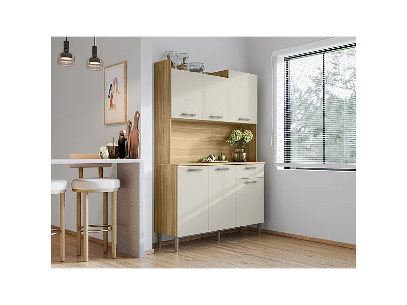 Buffet de Cuisine 6 Portes 1 Tiroir 8 Niches Chêne et Beige L 121.5 H 176 P 36.3 cm