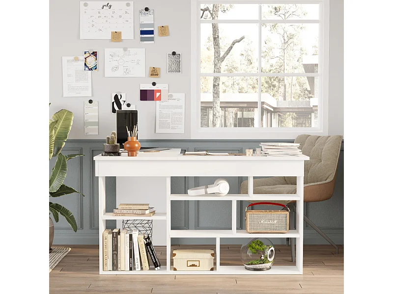 Bureau d'Angle et Etagère 8 Niches Blanc L 129 H 72 P 120 cm