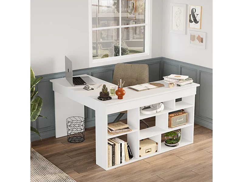 Bureau d'Angle et Etagère 8 Niches Blanc L 129 H 72 P 120 cm