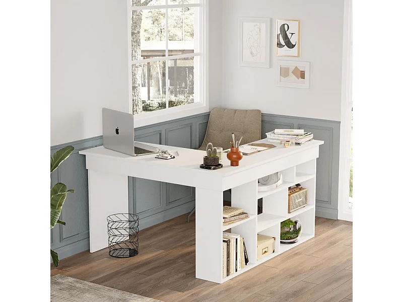 Bureau d'Angle et Etagère 8 Niches Blanc L 129 H 72 P 120 cm