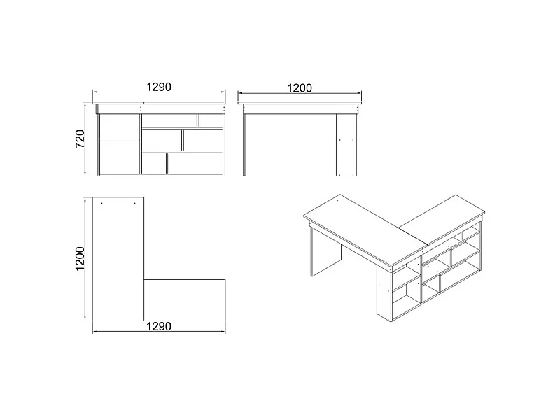 Bureau d'Angle et Etagère 8 Niches Blanc L 129 H 72 P 120 cm