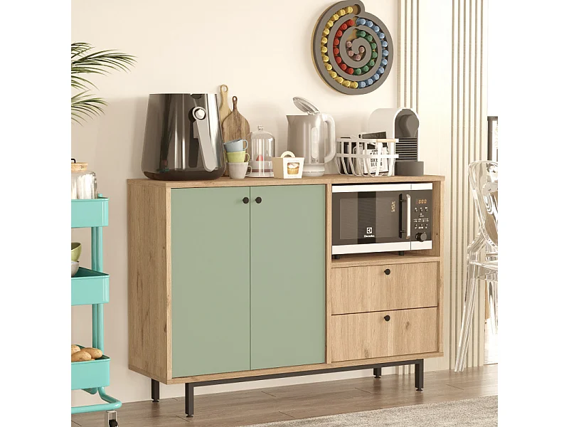 Meuble d'Entrée Chêne et Vert Olive 2 Portes 2 Tiroirs L 120 H 85 P 35.5 cm