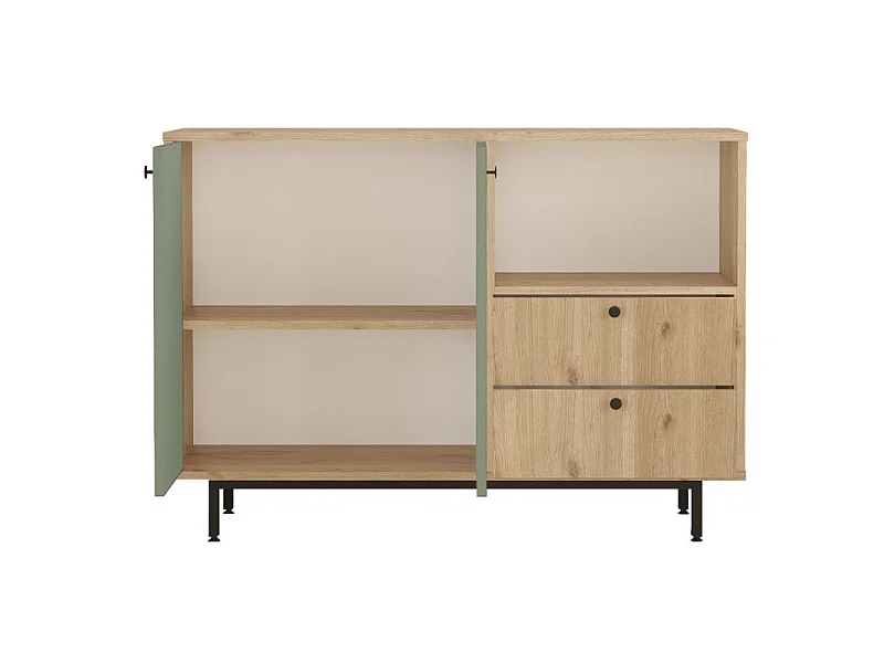 Meuble d'Entrée Chêne et Vert Olive 2 Portes 2 Tiroirs L 120 H 85 P 35.5 cm