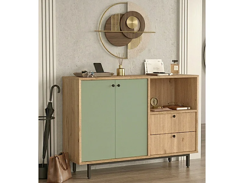 Meuble d'Entrée Chêne et Vert Olive 2 Portes 2 Tiroirs L 120 H 85 P 35.5 cm