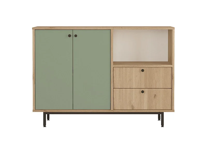 Meuble d'Entrée Chêne et Vert Olive 2 Portes 2 Tiroirs L 120 H 85 P 35.5 cm