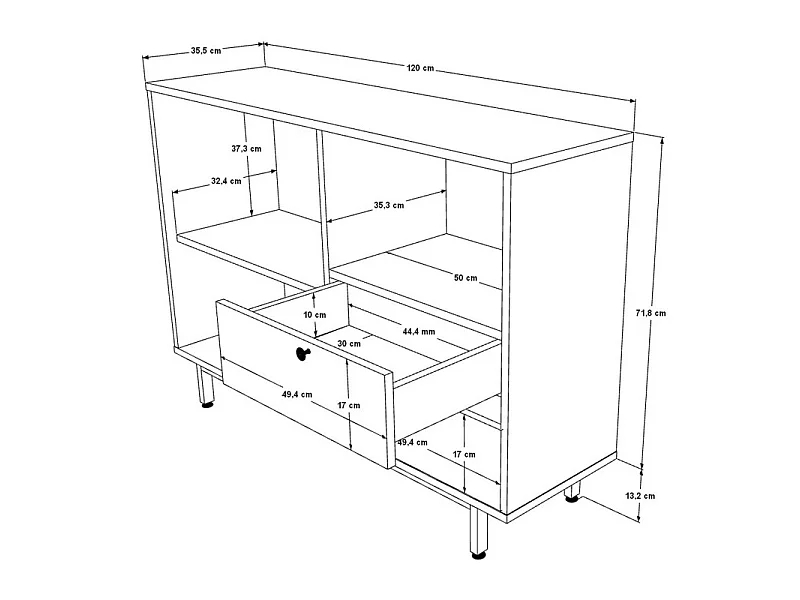 Meuble d'Entrée Chêne et Vert Olive 2 Portes 2 Tiroirs L 120 H 85 P 35.5 cm