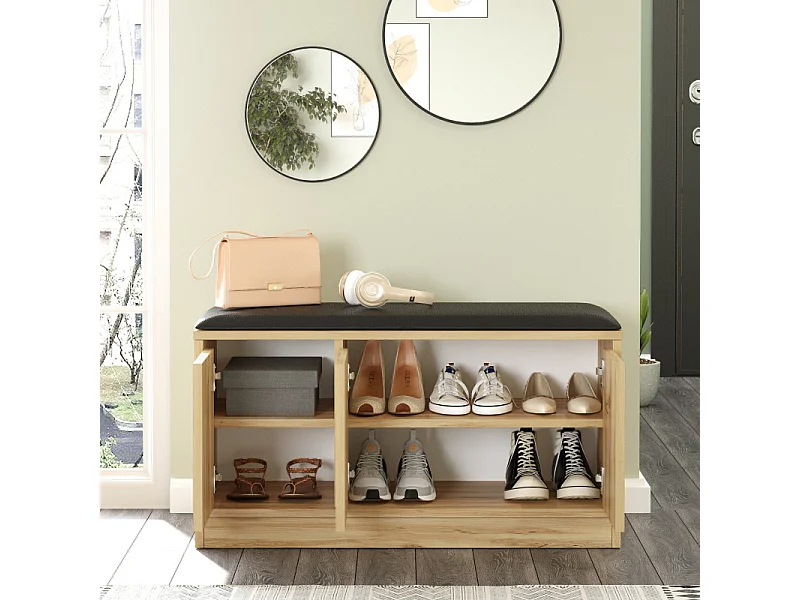 Banc à Chaussures avec Coussin 3 Portes 4 Niches Chêne L 90 H 45.8 P 35.5 cm