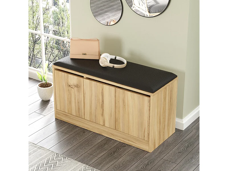 Banc à Chaussures avec Coussin 3 Portes 4 Niches Chêne L 90 H 45.8 P 35.5 cm