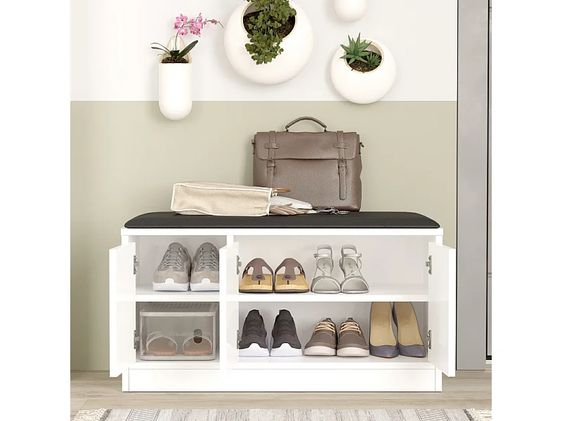 Banc à Chaussures avec Coussin 3 Portes 4 Niches Blanc L 90 H 45.8 P 35.5 cm