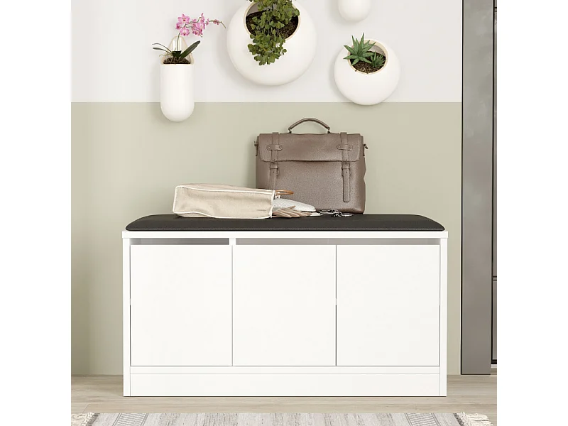 Banc à Chaussures avec Coussin 3 Portes 4 Niches Blanc L 90 H 45.8 P 35.5 cm