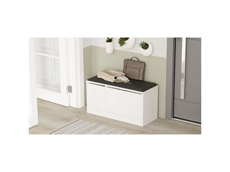 Banc à Chaussures avec Coussin 3 Portes 4 Niches Blanc L 90 H 45.8 P 35.5 cm