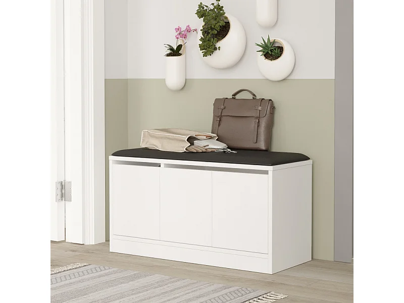 Banc à Chaussures avec Coussin 3 Portes 4 Niches Blanc L 90 H 45.8 P 35.5 cm