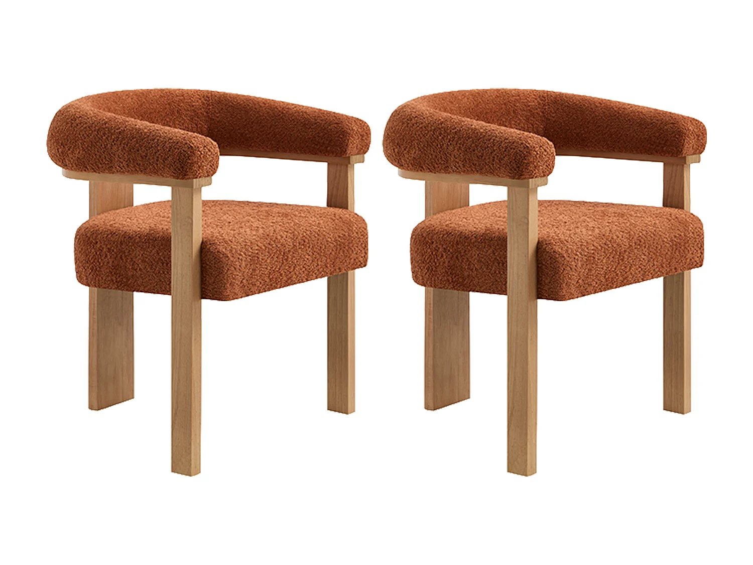 Lot de 2 chaises avec accoudoirs en tissu bouclette et bois d’hévéa naturel - Terracotta - LIVELIA