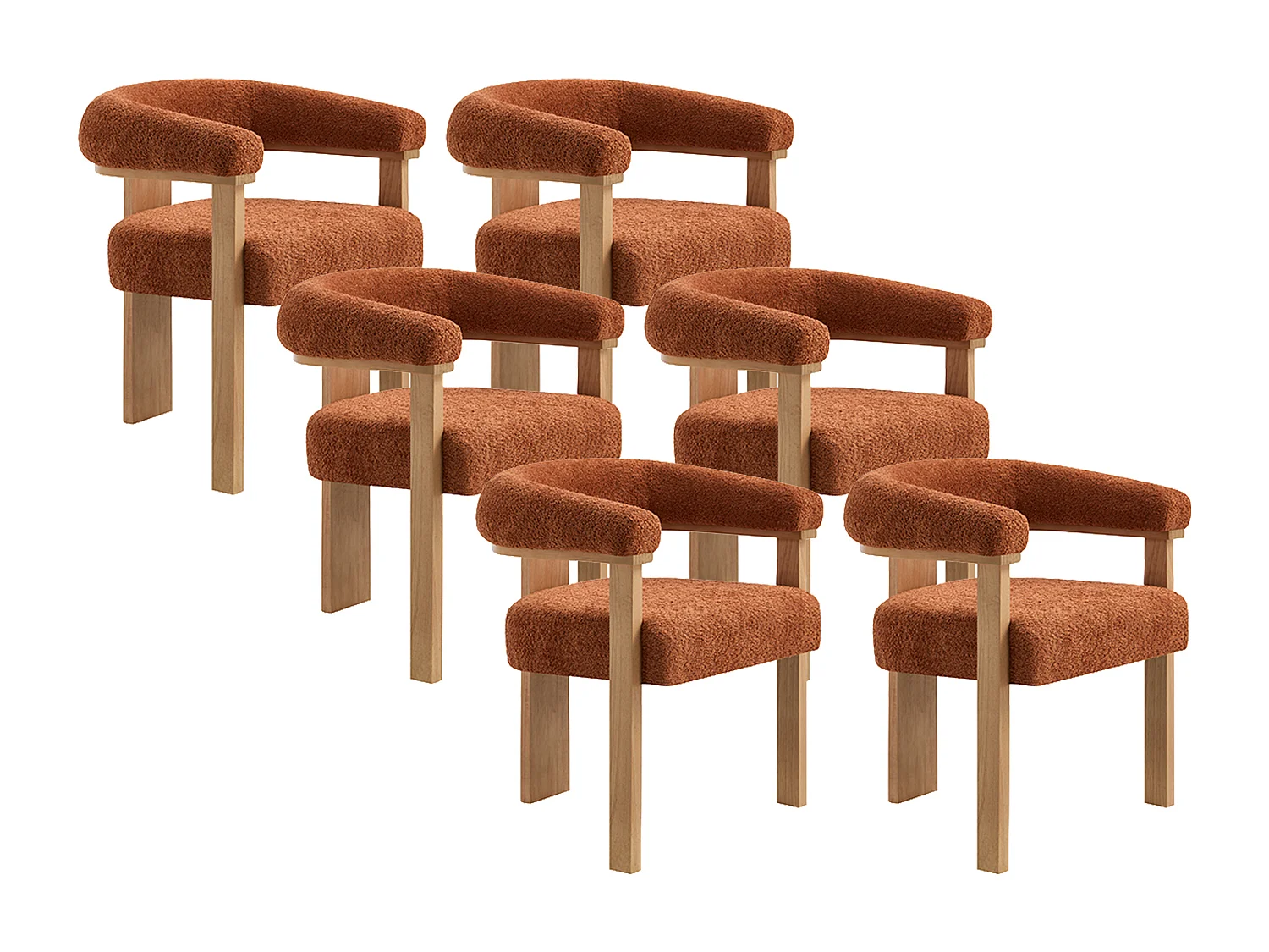 Lot de 6 chaises avec accoudoirs en tissu bouclette et bois d’hévéa naturel - Terracotta - LIVELIA