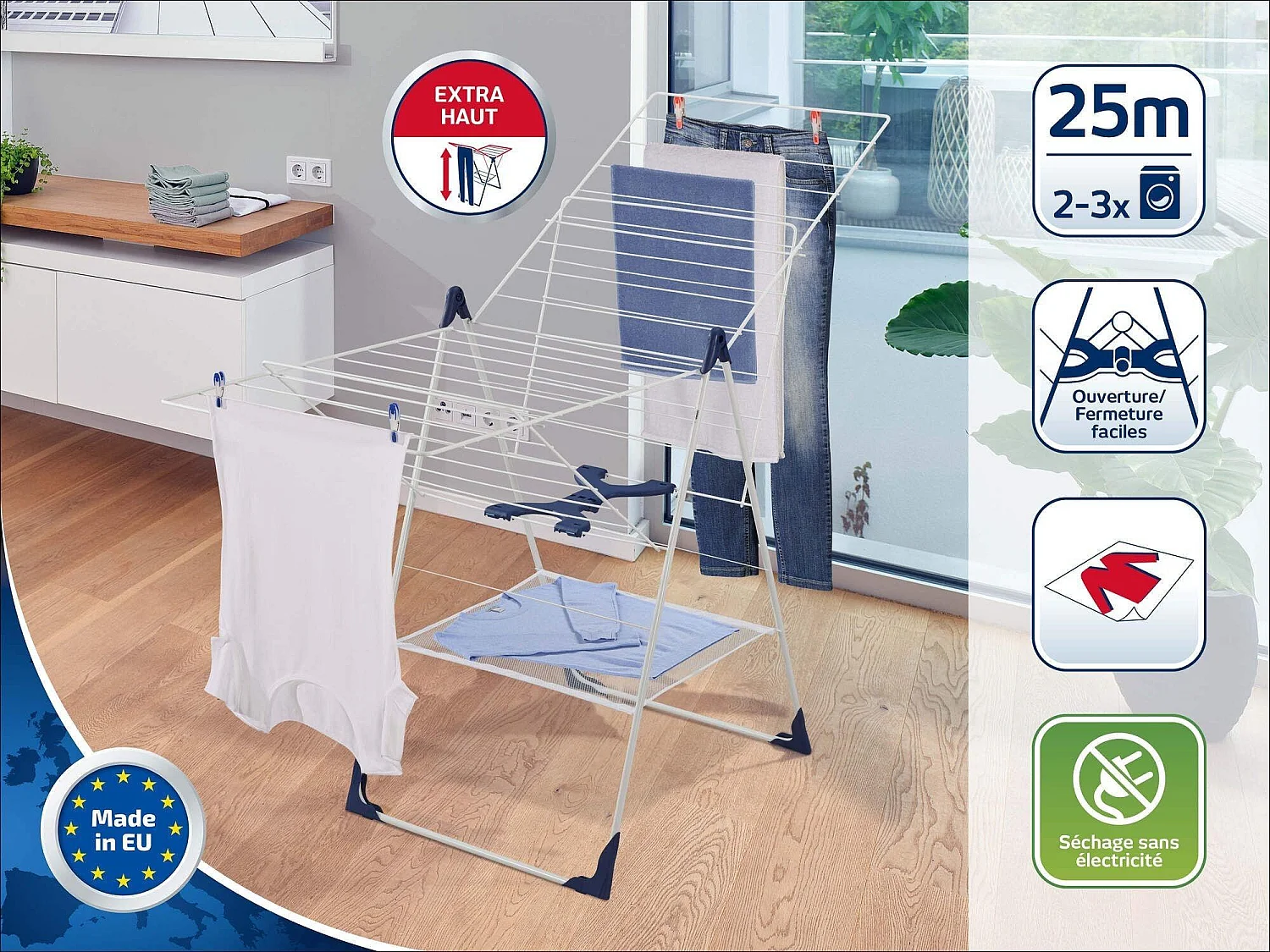 Étendoir à linge 25 m d'étendage et ailettes réglables en hauteur, blanc