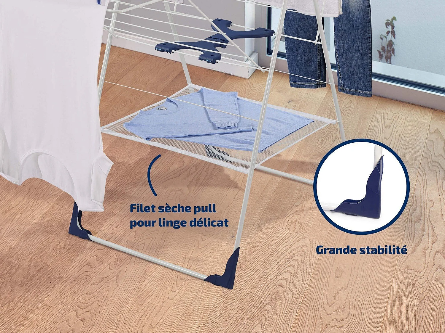 Étendoir à linge 25 m d'étendage et ailettes réglables en hauteur, blanc