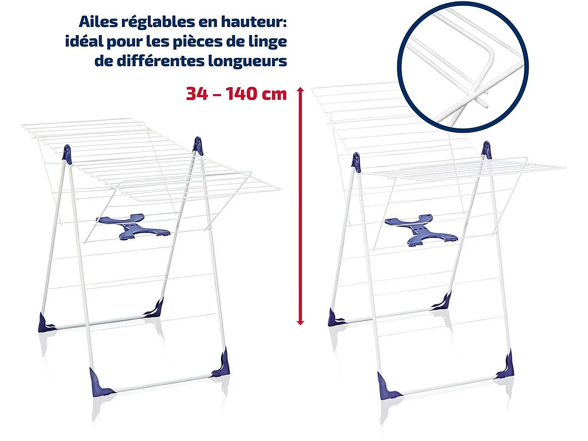 Étendoir à linge 25 m d'étendage et ailettes réglables en hauteur, blanc