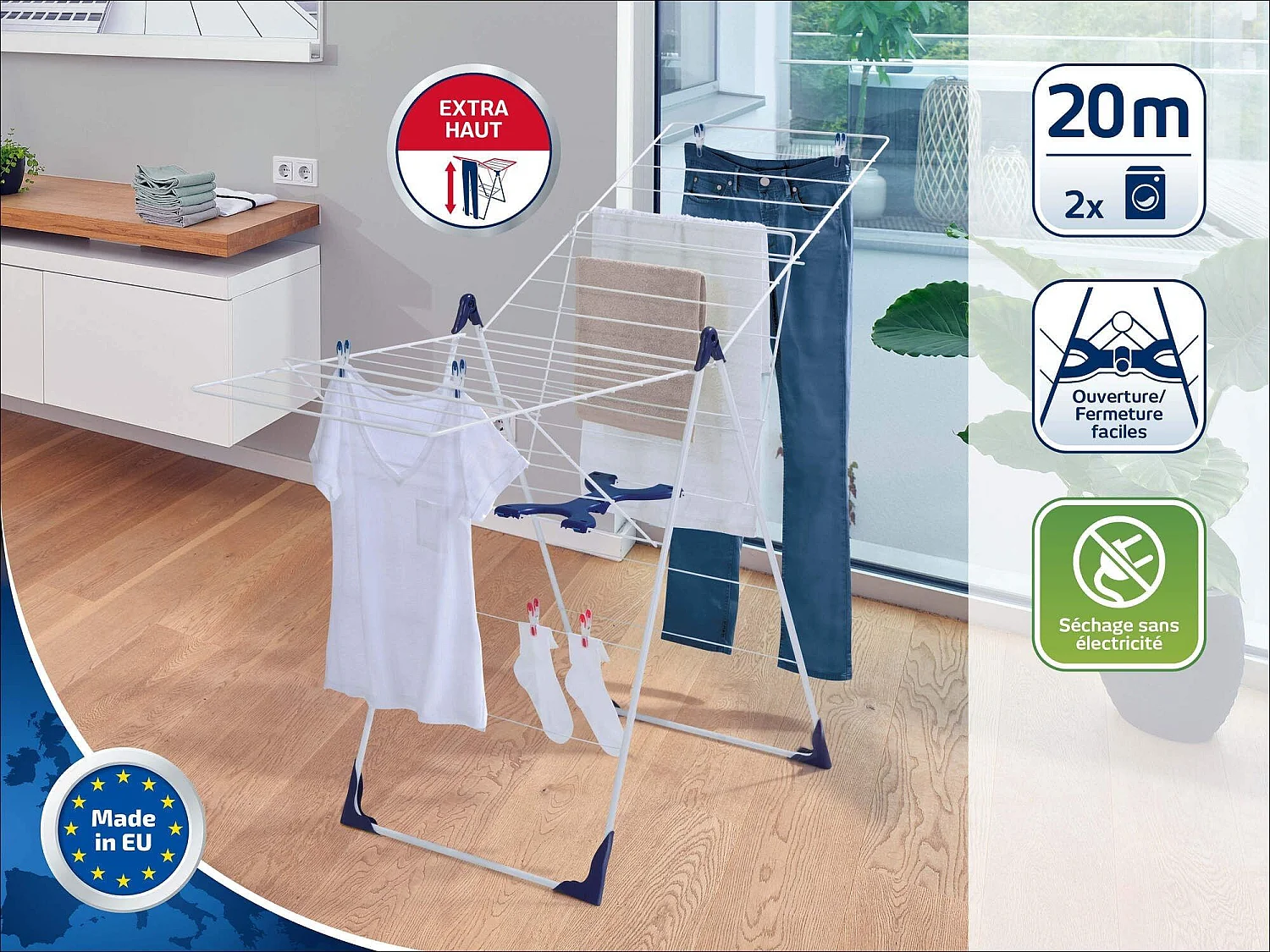 Étendoir à linge 20 m d'étendage et ailettes réglables en hauteur, blanc