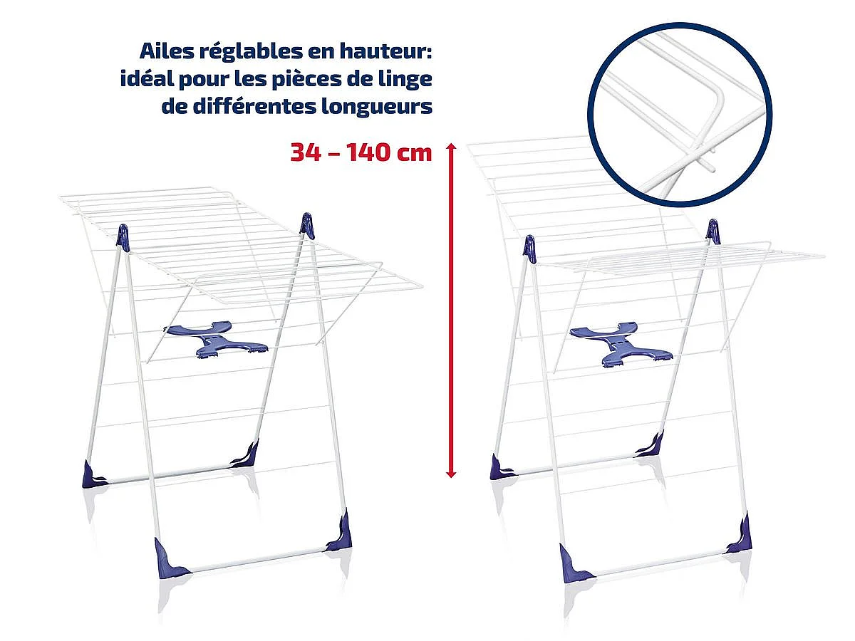 Étendoir à linge 20 m d'étendage et ailettes réglables en hauteur, blanc