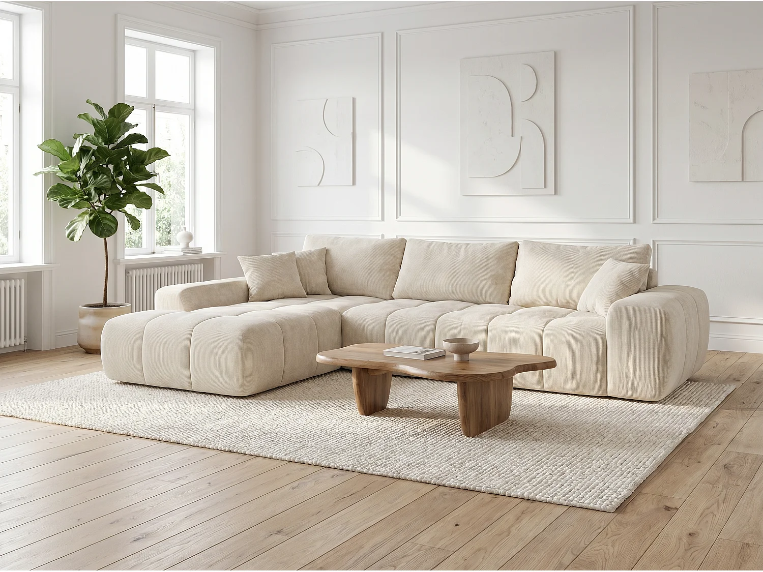 Canapé d’angle 4 places avec méridienne angle gauche - Tissu Beige - Homeluxury