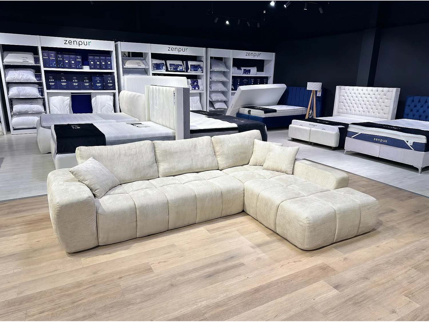 Canapé d’angle 4 places avec méridienne angle gauche - Tissu Beige - Homeluxury