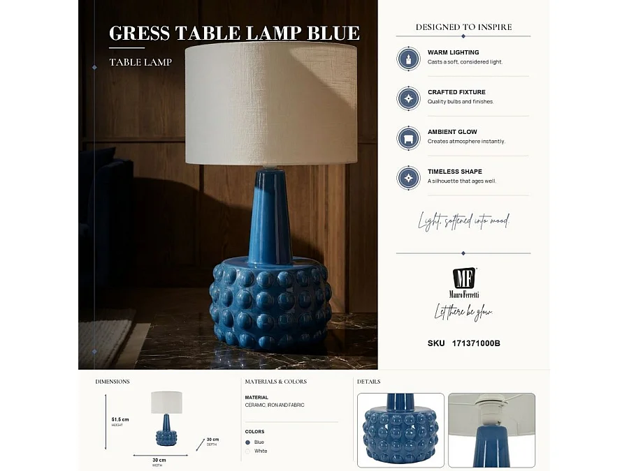 Lampe à Poser en Céramique "Gress" 51cm Bleu