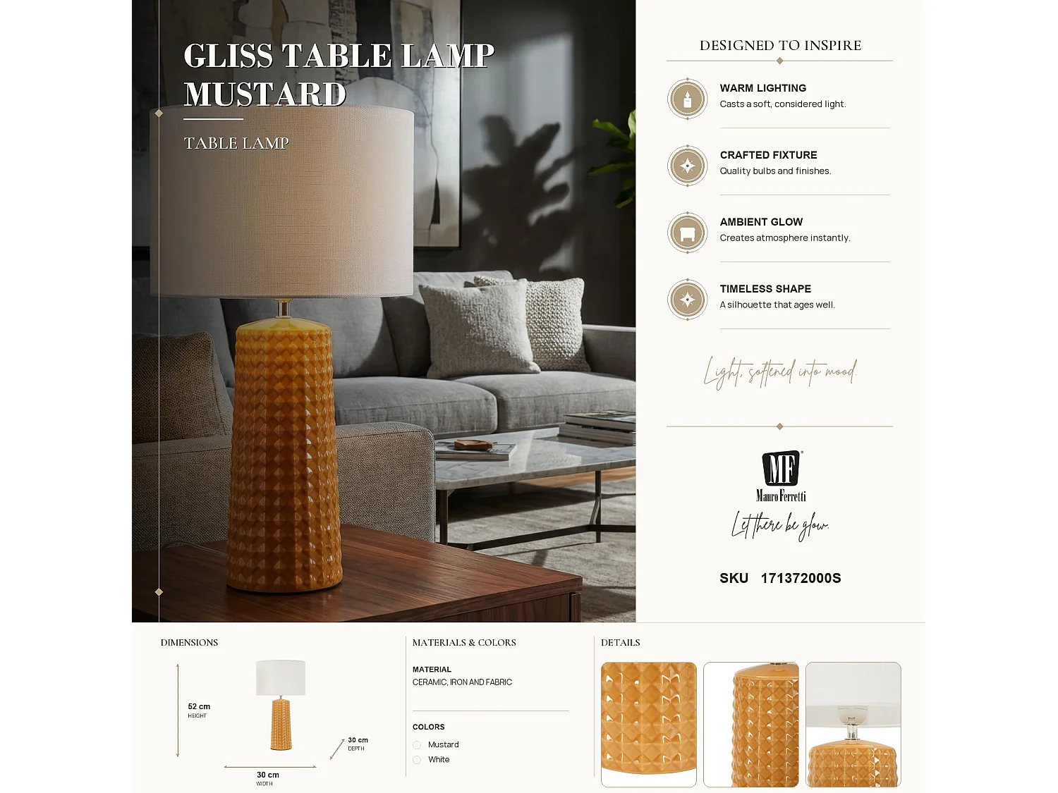 Lampe à Poser en Céramique "Gliss" 52cm Moutarde
