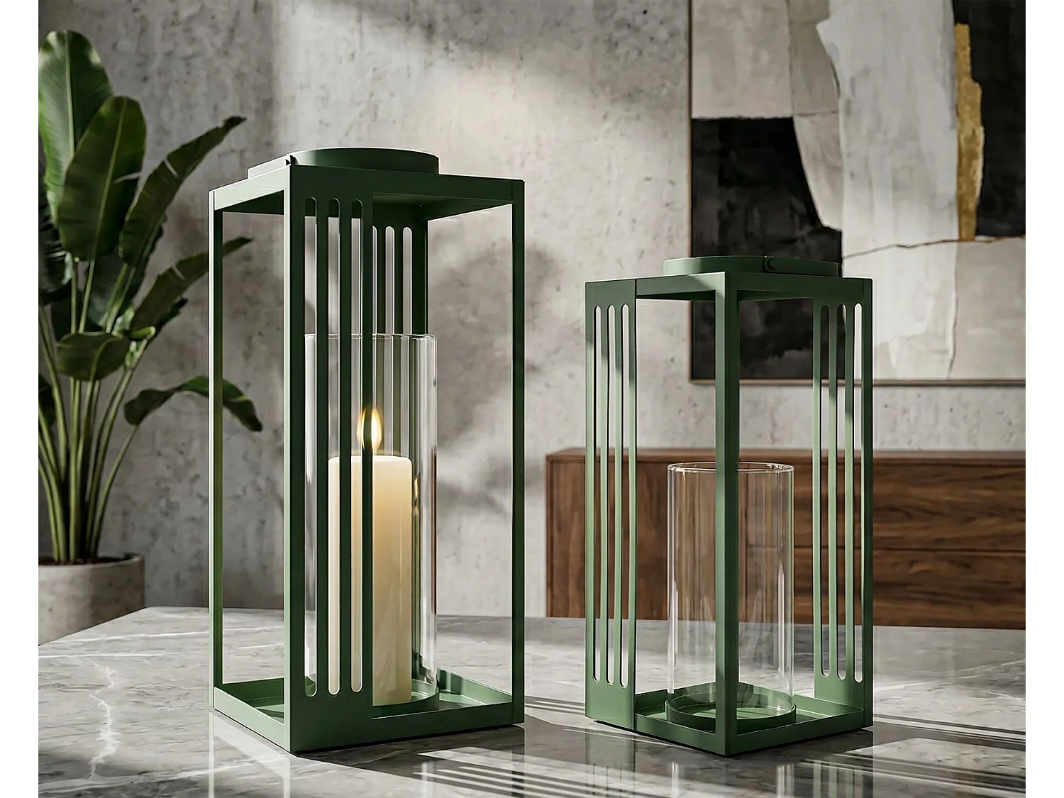 Lot de 2 Lanternes en Métal "Linee" 43cm Vert